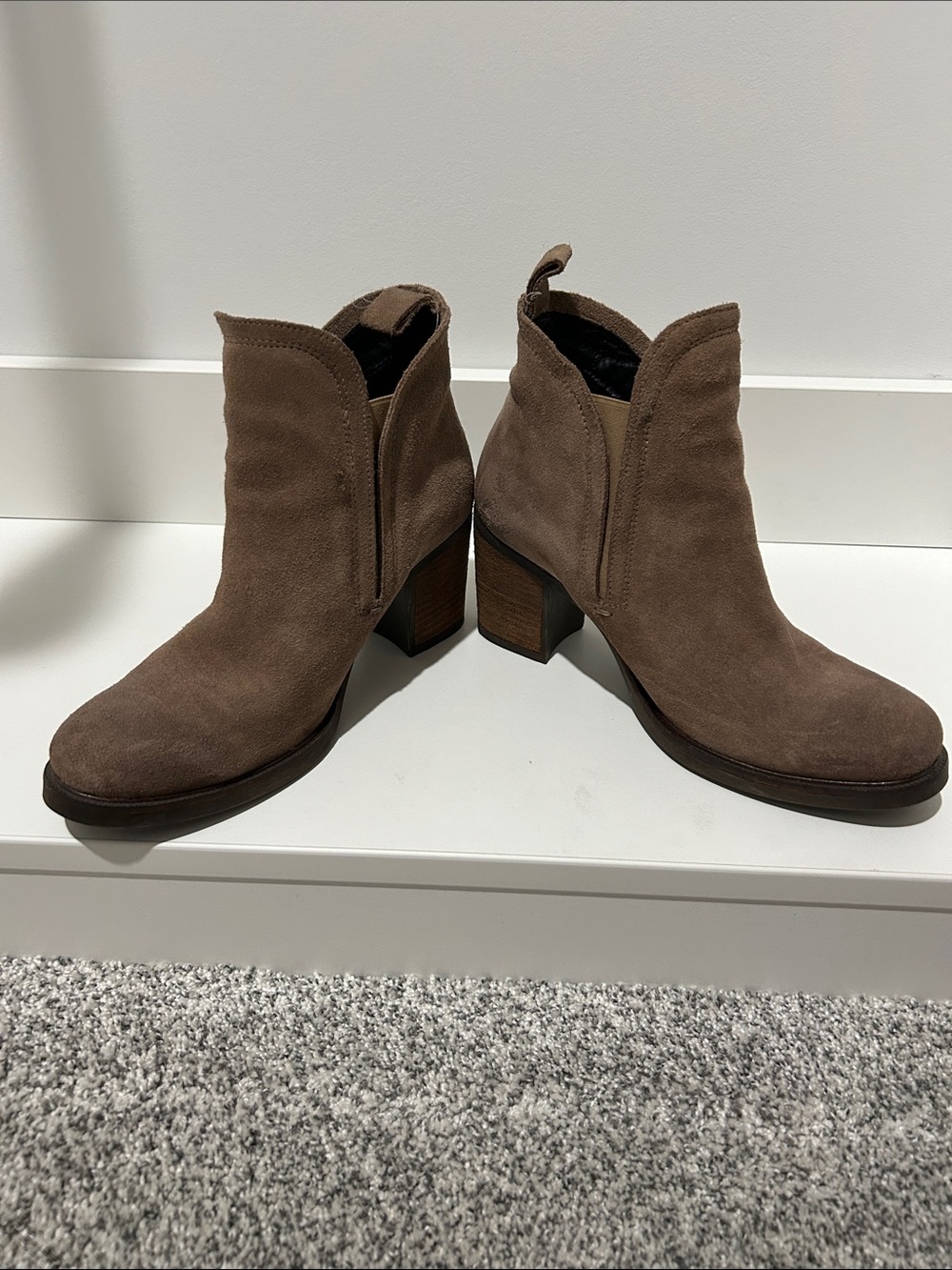 Bos. & Co. Taupe Suede Ankle Booties with Block Heel
